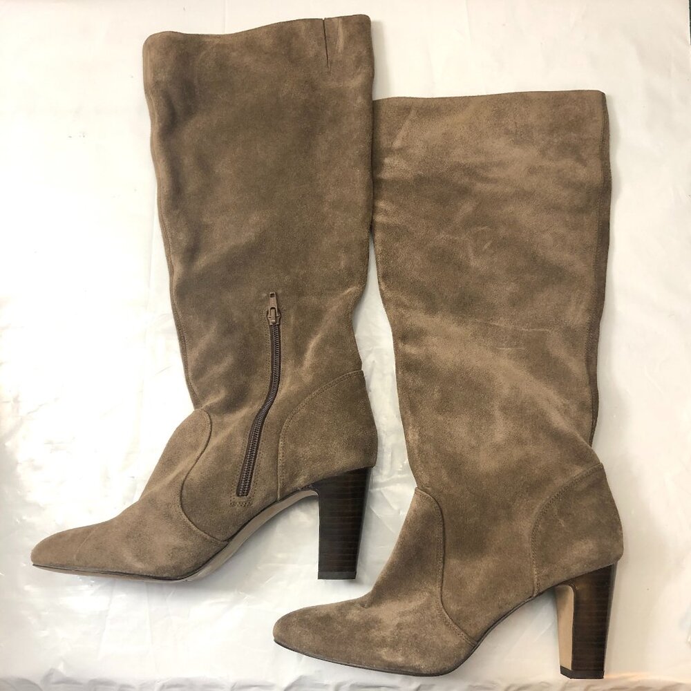Arturo Chang Tall Brown Suede Boots, size 9.5, 3.5" heel, 19" tall, EUC